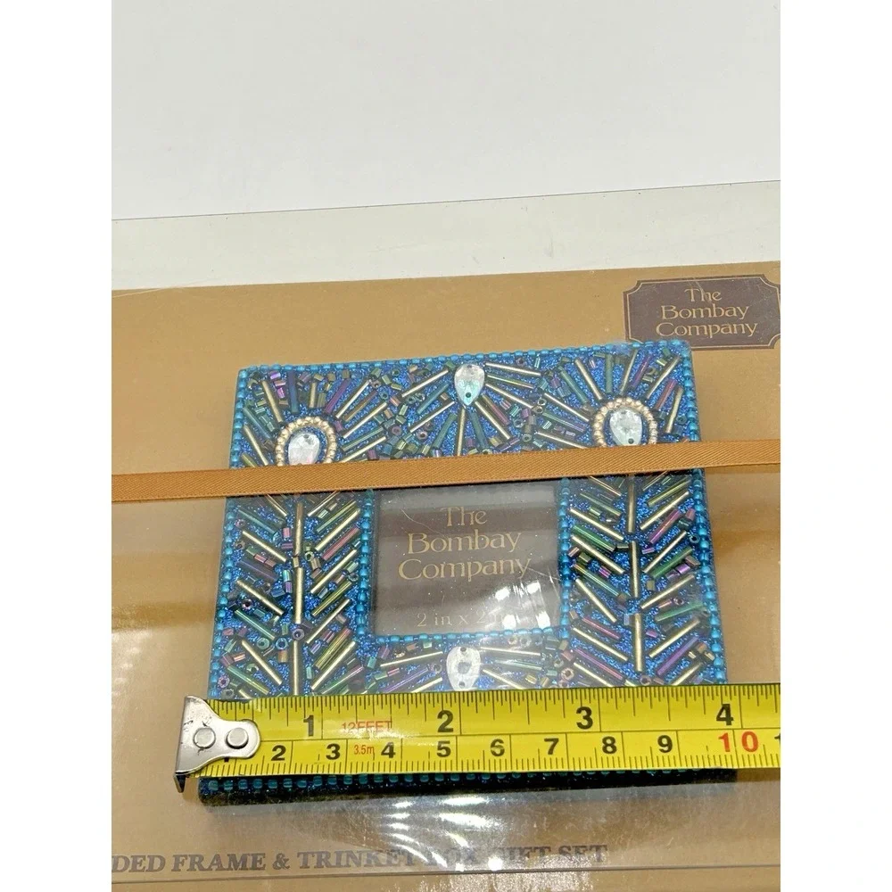 The Bombay Co Blue‎ Peacock Hand Beaded Mirror And Trinket Box Gift Set New